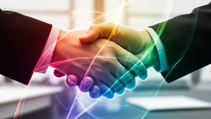 Abstract blurred business handshake with vibrant color glow. Partnership, agreement, and trust concept.
