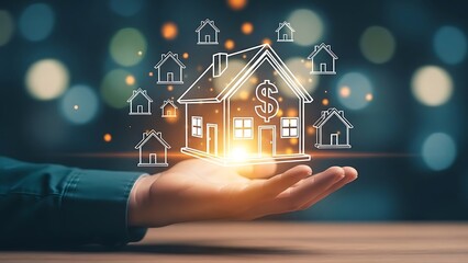 Hand holding house icon with dollar sign and smaller homes