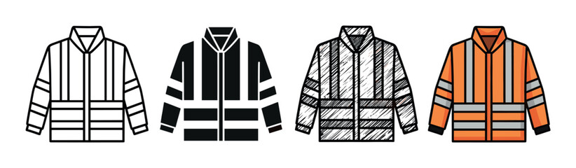 High visibility safety jacket icon set showing four different design styles including line art, glyph, sketch, and a full color orange illustration for workwear concepts