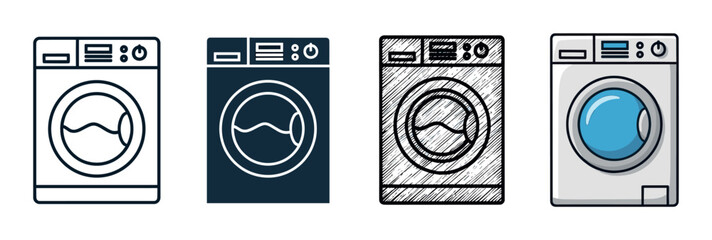 Washing machine icon set in four different artistic styles including line art, solid glyph, hand-drawn sketch, and colorful cartoon illustration for graphic design