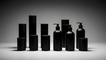 Black cylindrical objects and bottles on a gray background