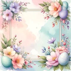 Easter Floral Frame with Eggs and Flowers.