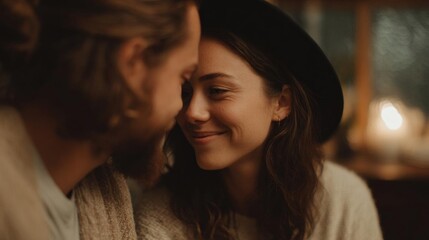 Close-up of a young couple in a romantic embrace. the man is on the left side of the image, with his head resting on the woman's shoulder.