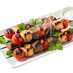 Grilled meat and chicken skewers with cherry tomatoes and parsley in bright lighting on white plate for culinary use