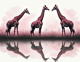 Three giraffes stand in tall grass near water. Their reflections show in water below. Giraffes have dark red spots, white skin. Background is soft pink with clouds, sky. Tall animals are on safari.
