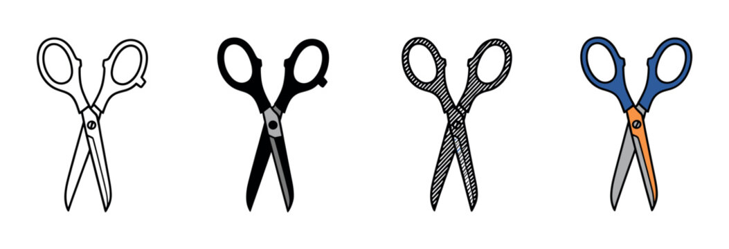 Set of four scissors icons presented in various graphic styles, including simple line art, a solid black silhouette, a hatched sketch, and a colorful cartoon illustration