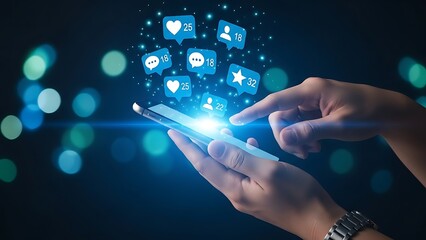 Hands using smartphone with social media notifications