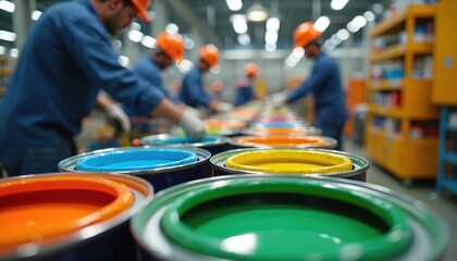 Factory workers in orange helmets, blue shirts process colorful paint cans under bright industrial lights. Paint production line with various colors in metal containers. Manufacturing workflow with