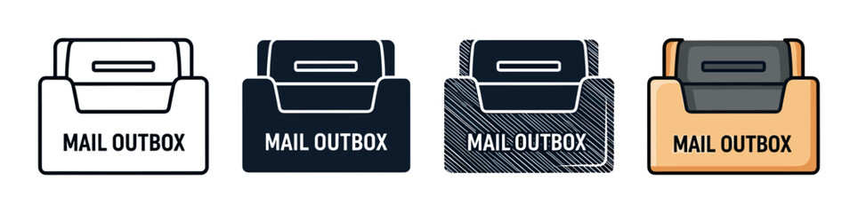 Mail outbox icon set in four different styles including line art, solid, textured, and colored versions for user interface design and communication concepts