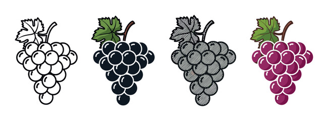 Grape bunch icon set in four different graphic styles including outline, silhouette, engraved, and full color cartoon for food, wine, and agriculture concepts