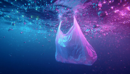 Plastic bag floating underwater in deep blue ocean. pink light makes it look like jellyfish, sad symbol of environmental pollution and