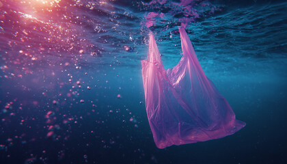 Plastic bag floating underwater in deep blue ocean. pink light makes it look like jellyfish, sad symbol of environmental pollution and