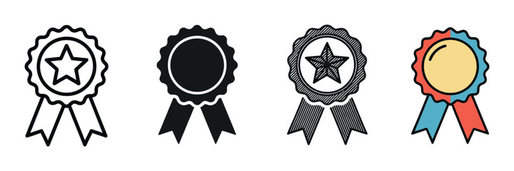 Set of four award ribbon icons in various styles including outline, silhouette, sketch, and color, representing achievement, quality, and certification for graphic design