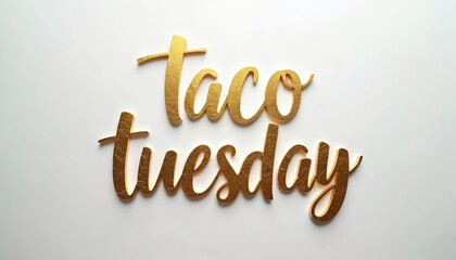 Golden script lettering spells out taco tuesday with a textured metallic sheen against a clean white backdrop. This stylized text conveys celebration, culinary events, and promotional concepts.