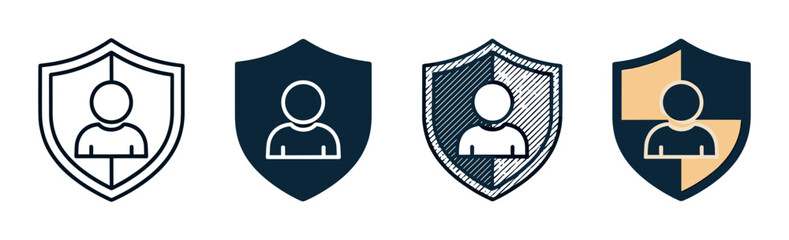 Shield with a person icon set of four different design styles for representing concepts like user safety, data privacy, insurance, and personal account security