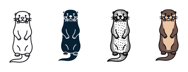 Set of four cute otter illustrations showing different artistic styles including outline, silhouette, engraved, and full color cartoon character design for a logo or icon