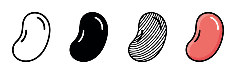 Jelly bean icon set with four different graphic styles including line art, silhouette, hatched pattern, and a simple colored version for user interface design