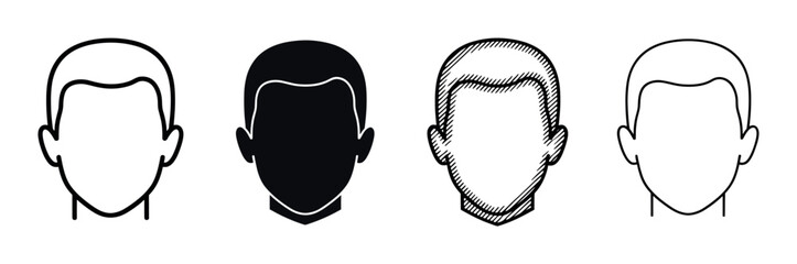 Set of four faceless male head icons with short hair presented in various graphic styles including simple outline, solid silhouette, and detailed hatching for a user profile