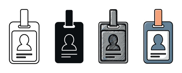 Set of four identification badge icons showing different artistic styles including outline, silhouette, hand-drawn sketch, and a simple flat color vector illustration