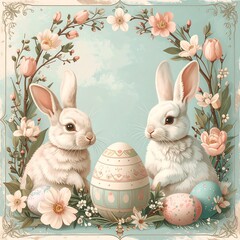 Easter Bunny Rabbits with Decorated Eggs Floral.