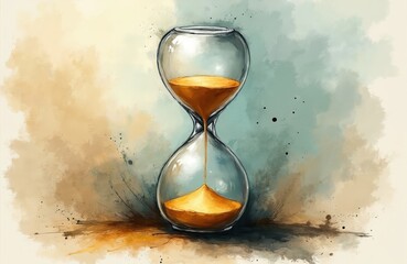 Glass hourglass with golden sand flows down. Artistic watercolor background with beige and teal tones. Time measurement concept, creative abstract composition.