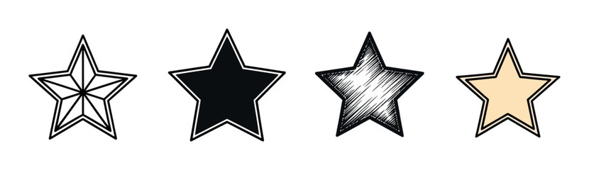 Obraz premium Collection of four star icons in different artistic styles, including geometric line art, a solid silhouette, a hand-drawn sketch, and a simple color fill illustration