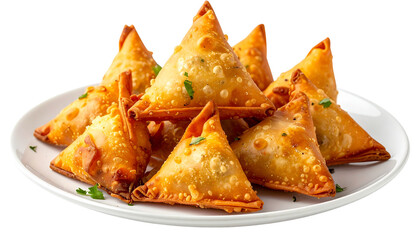 Indian samosa plate isolated on transparent background, high-quality PNG showing crispy golden samosas served on a plate, perfect for food menus, ads, and cuisine designs.