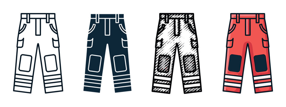 Firefighter protective work trousers icon set shows four design styles including line art, glyph, hand drawn sketch, and a colored cartoon version with reflective stripes
