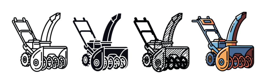 Set of four snow blower icons presented in different graphic styles including simple line art, a solid black silhouette, a hand-drawn sketch, and a full color cartoon version