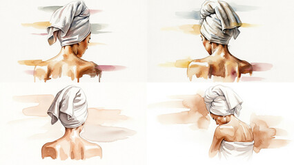 Back of woman with towel turban in artistic watercolor style  