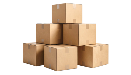 Cardboard boxes isolated on transparent background, brown packaging cartons for storage, shipping and moving, eco friendly recyclable packing material.