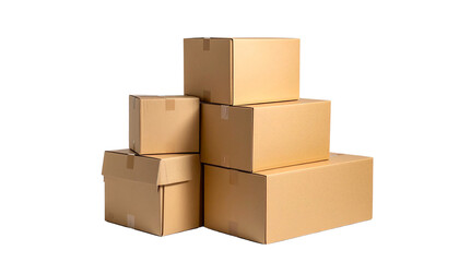 Cardboard boxes isolated on transparent background, brown packaging cartons for storage, shipping and moving, eco friendly recyclable packing material.