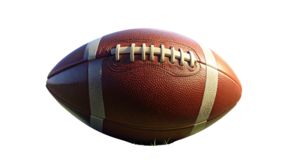 American football ball isolated on transparent background, classic brown leather texture with white laces, sports equipment for games, training, teams and tournaments.