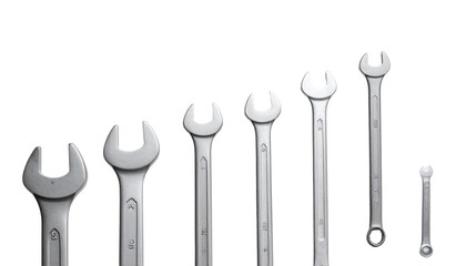 Set of chrome steel wrenches isolated on transparent background, professional hand tools for repair, maintenance, mechanic, DIY, industrial and workshop use.