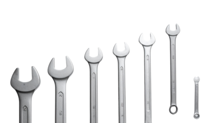 Set of chrome steel wrenches isolated on transparent background, professional hand tools for repair, maintenance, mechanic, DIY, industrial and workshop use.