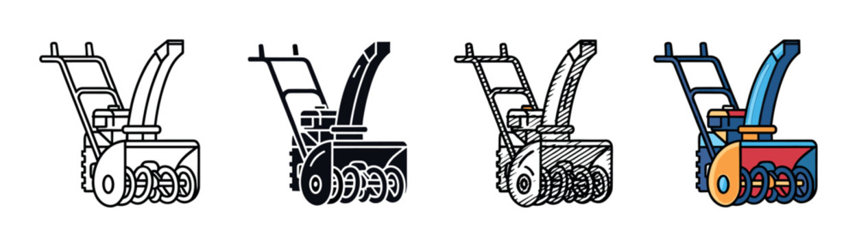 Four snow blower machine vector illustrations in a set showing different graphic styles including line art, silhouette, sketch, and full color for winter equipment concepts