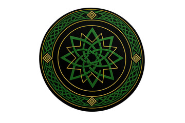 Green and gold celtic knot pattern forming an intricate star emblem on a round medallion design, transparent background