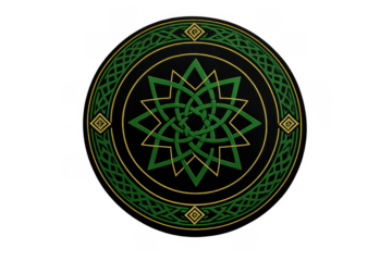 Green and gold celtic knot pattern forming an intricate star emblem on a round medallion design, transparent background