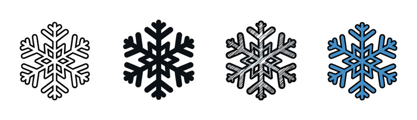 Set of four snowflake icons in different graphic styles including outline, solid silhouette, sketched, and blue color fill for winter holiday and weather themed designs