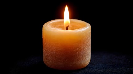 A single candle burns brightly in the dark casting a warm glow