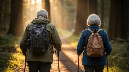 Elderly couple walking with hiking sticks along forest path at sunset  
