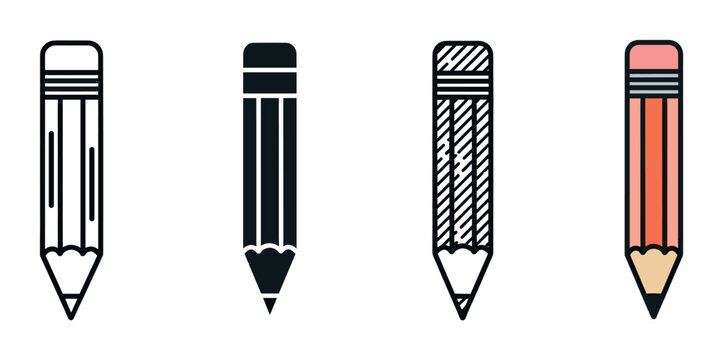 Set of four pencil vector illustrations with different graphic styles including line art, solid glyph, patterned design, and flat color for education or office concepts