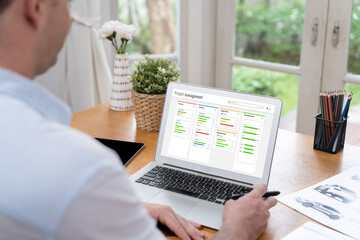 Project planning software for brisk business project management on the computer screen showing timeline chart of the team project