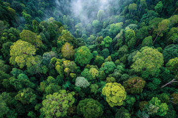 Aerial view of lush tropical rainforest canopy with diverse green tree crowns and misty haze