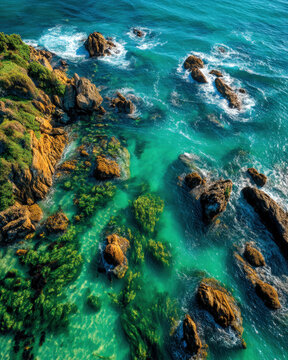 Vertical aerial kelp forest beneath clear turquoise ocean water with sunlit shimmer