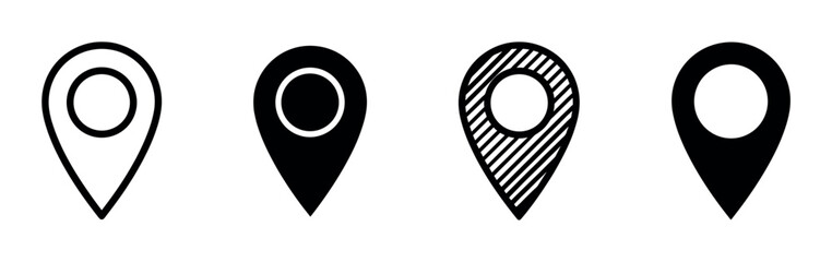 Set of four black location pin icons in various minimalist graphic styles, including outline, solid, and striped, representing navigation, mapping, and destination concepts