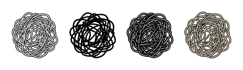 Set of four abstract tangled scribble icons illustrating concepts of chaos, confusion, and complex problem-solving in a minimalist hand-drawn graphic vector style