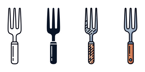 Four fork icons showing various illustration styles from simple black outline and solid glyph to detailed colored and textured versions for web or app design