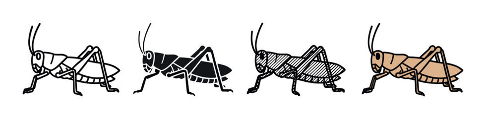 Set of four grasshopper insect illustrations in various graphic styles including simple line art, a solid black silhouette, a hatched sketch, and a flat color version