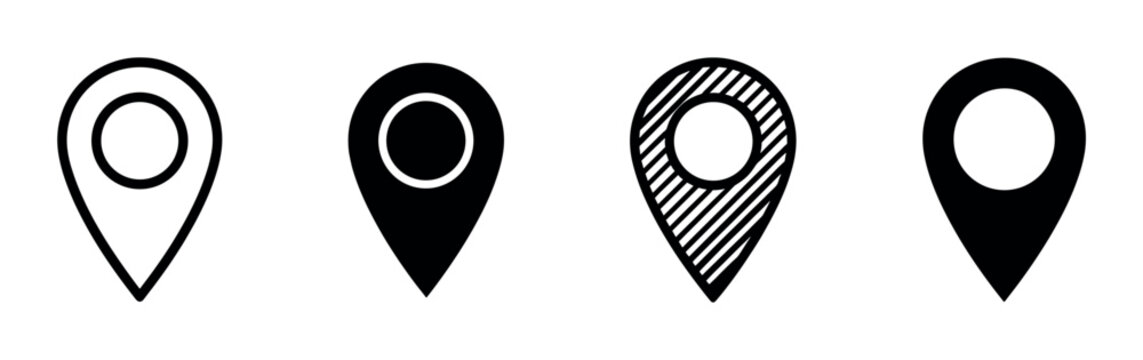 Set of four black location pin icons in various minimalist graphic styles, including outline, solid, and striped, representing navigation, mapping, and destination concepts